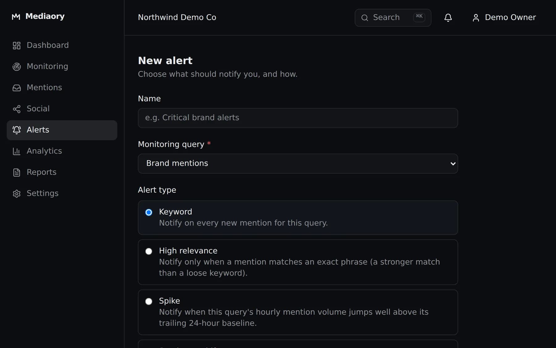 The new alert form listing keyword, high relevance, spike, sentiment shift, emerging topic and competitor alert types.