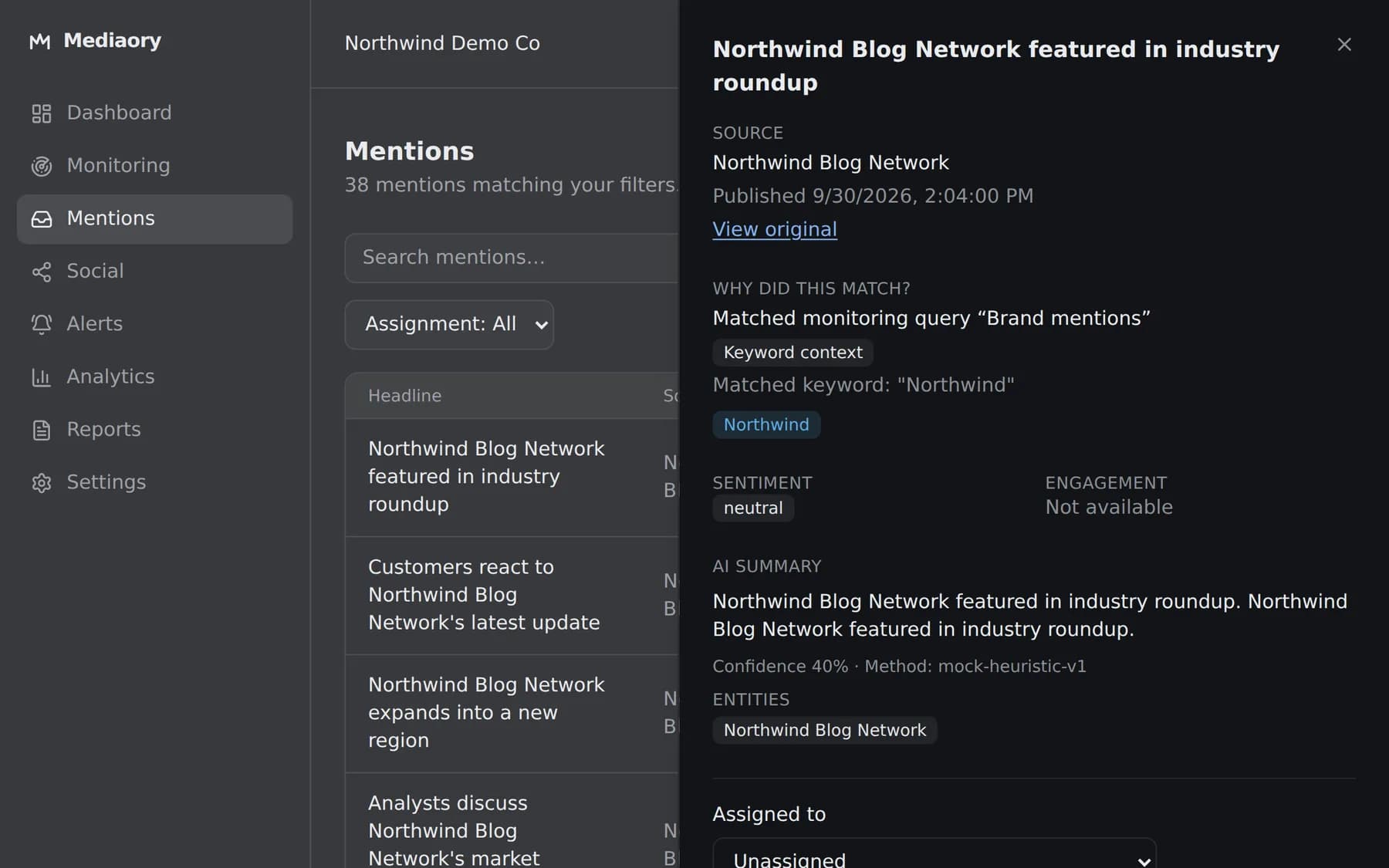 A mention detail drawer showing why it matched, sentiment, an AI summary with confidence, tags and feedback.