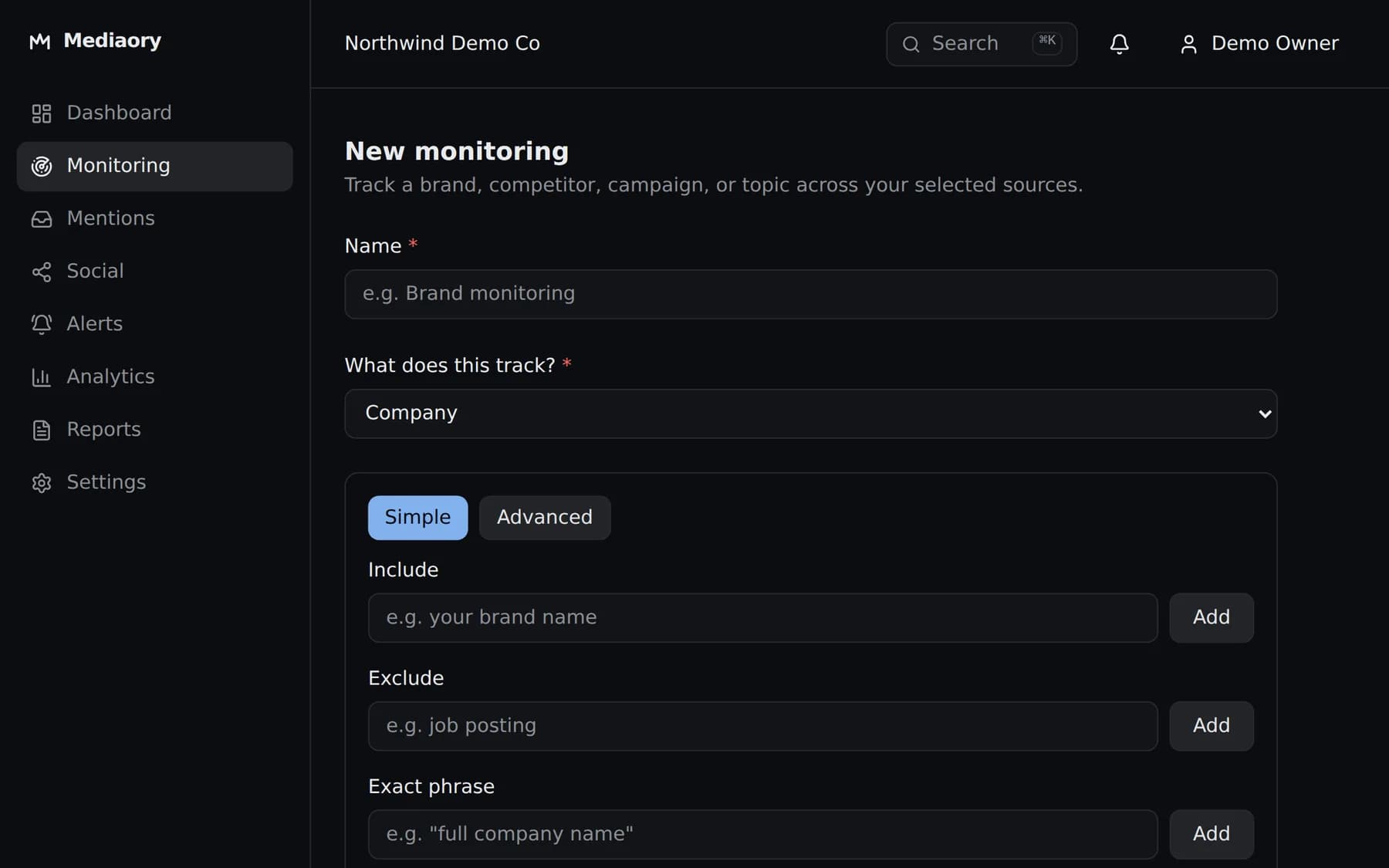 The new monitoring form with include, exclude and exact-phrase fields and source checkboxes.